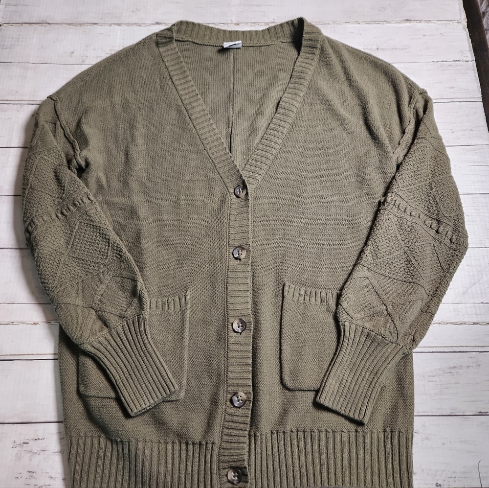 CAbi Olive Green Cardigan Sweater Small Textured Sleeve Button Front Cottagecore